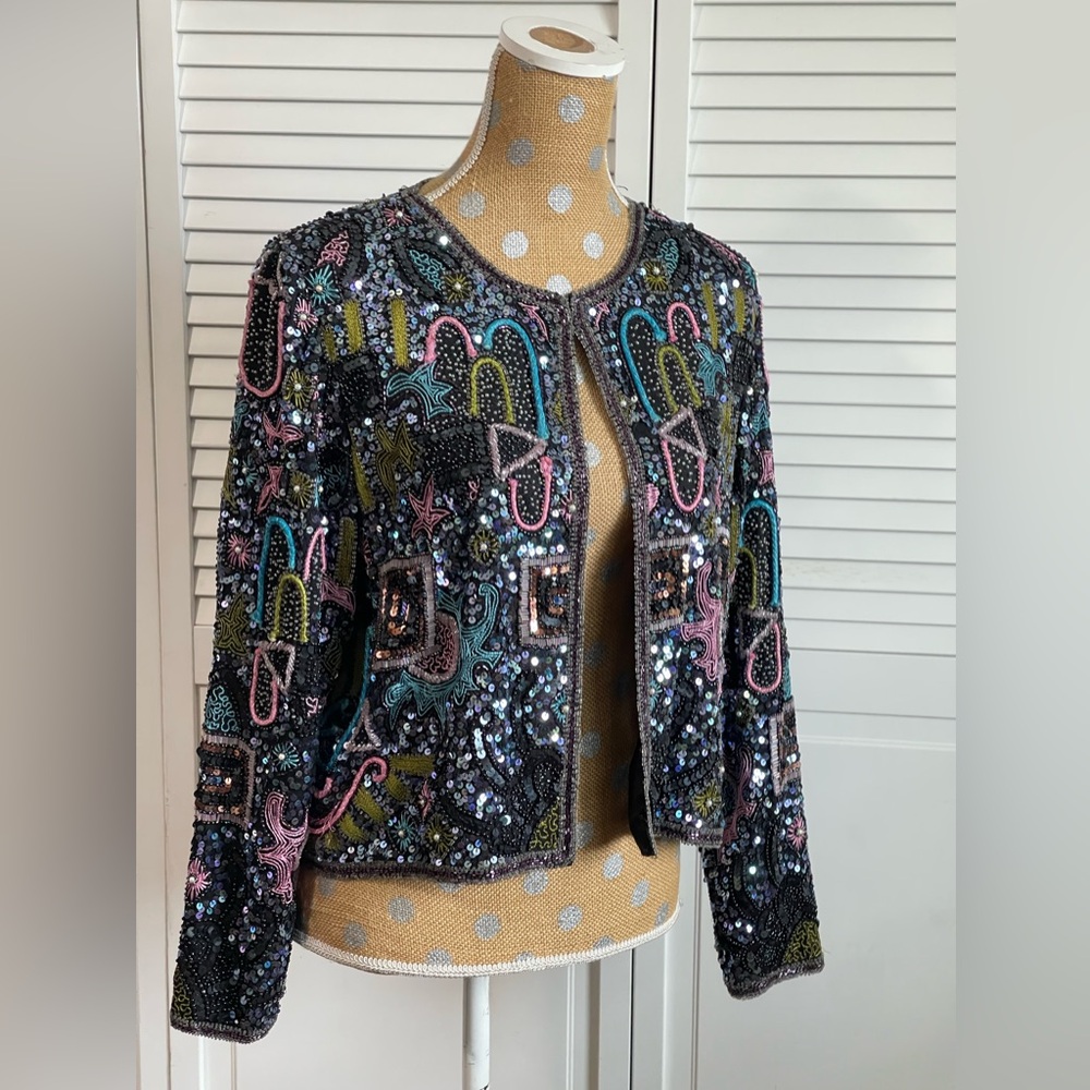 Amazing Vintage 80’s Sténay Multicolored Geometric Beaded Evening coat jacket M